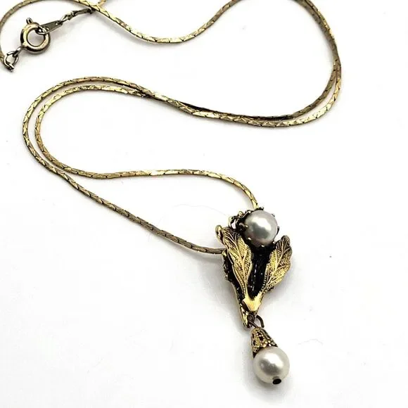 Antique Freshwater Pearl Gold Fill Leaf Pearl Drop Necklace 18in - Picture 6 of 6